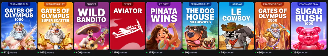 1win Casino sélection de machines à sous avec Gates of Olympus 1000, Aviator, Piñata Wins, The Dog House Megaways et Sugar Rush 1000